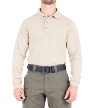 Front of Men's Performance Long Sleeve Polo in Silver Tan