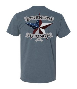 Back of Strength & Honor T-Shirt in Indigo