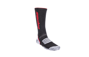 A pair of black merino wool blend socks with red and white accents and reinforced areas near the heel and toe.
