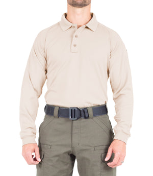 Front of Men's Performance Long Sleeve Polo in Khaki
