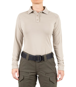 Front of Women's Performance Long Sleeve Polo in Khaki
