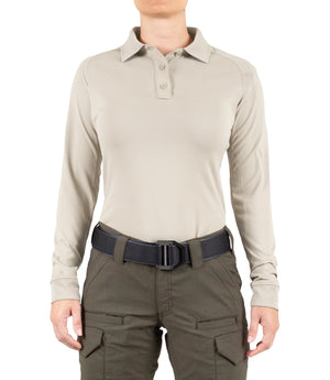 Front of Women's Performance Long Sleeve Polo in Tan